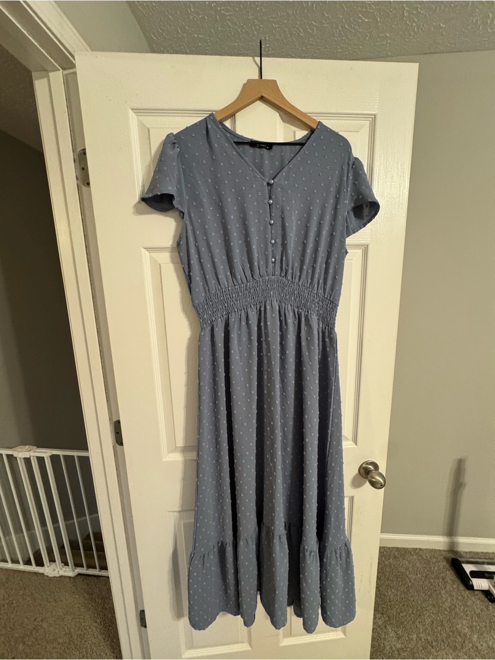 Blue Polka Dot Smocked Waist Maxi Dress